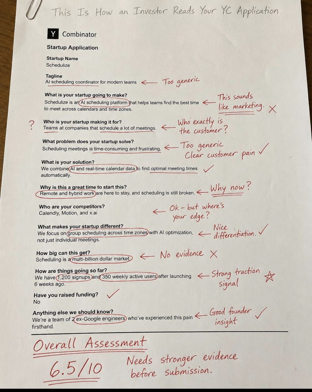 Annotated startup application showing investor feedback on customer definition, problem clarity, differentiation, market evidence, traction and founder experience.